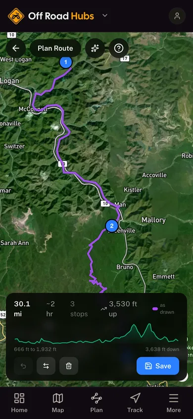 A planned route in the GoHubs app, with its distance, stops and elevation profile